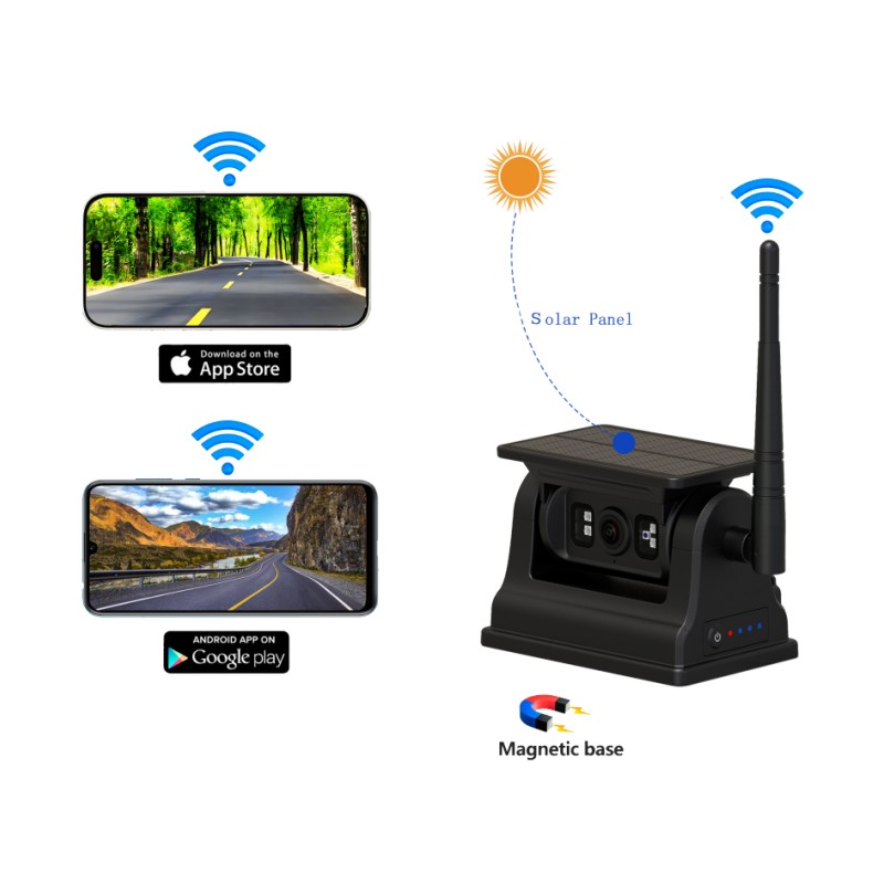 Cameră de vedere spate fără fir WiFi 1080P pentru Android iOS cu încărcare solară și suport magnetic