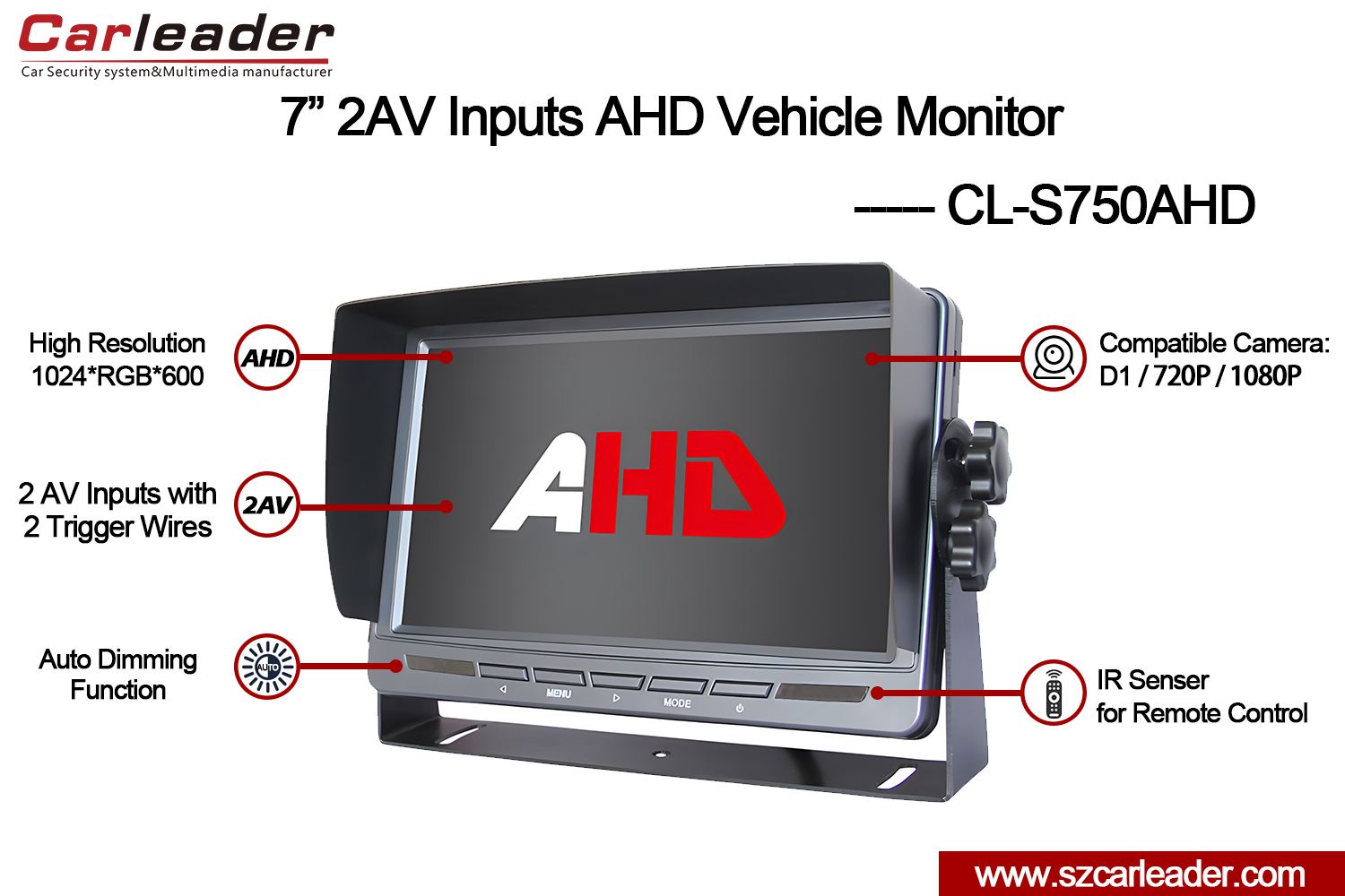 Monitor de marșarier 2AV AHD de 7 inchi pentru camion