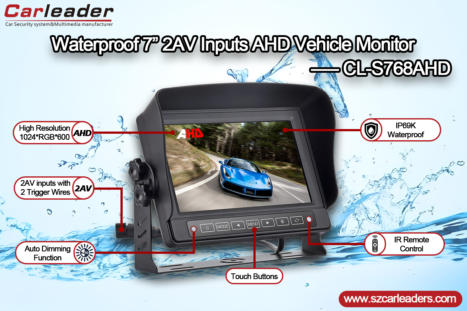 Monitor auto impermeabil AHD IP69K de 7 inchi