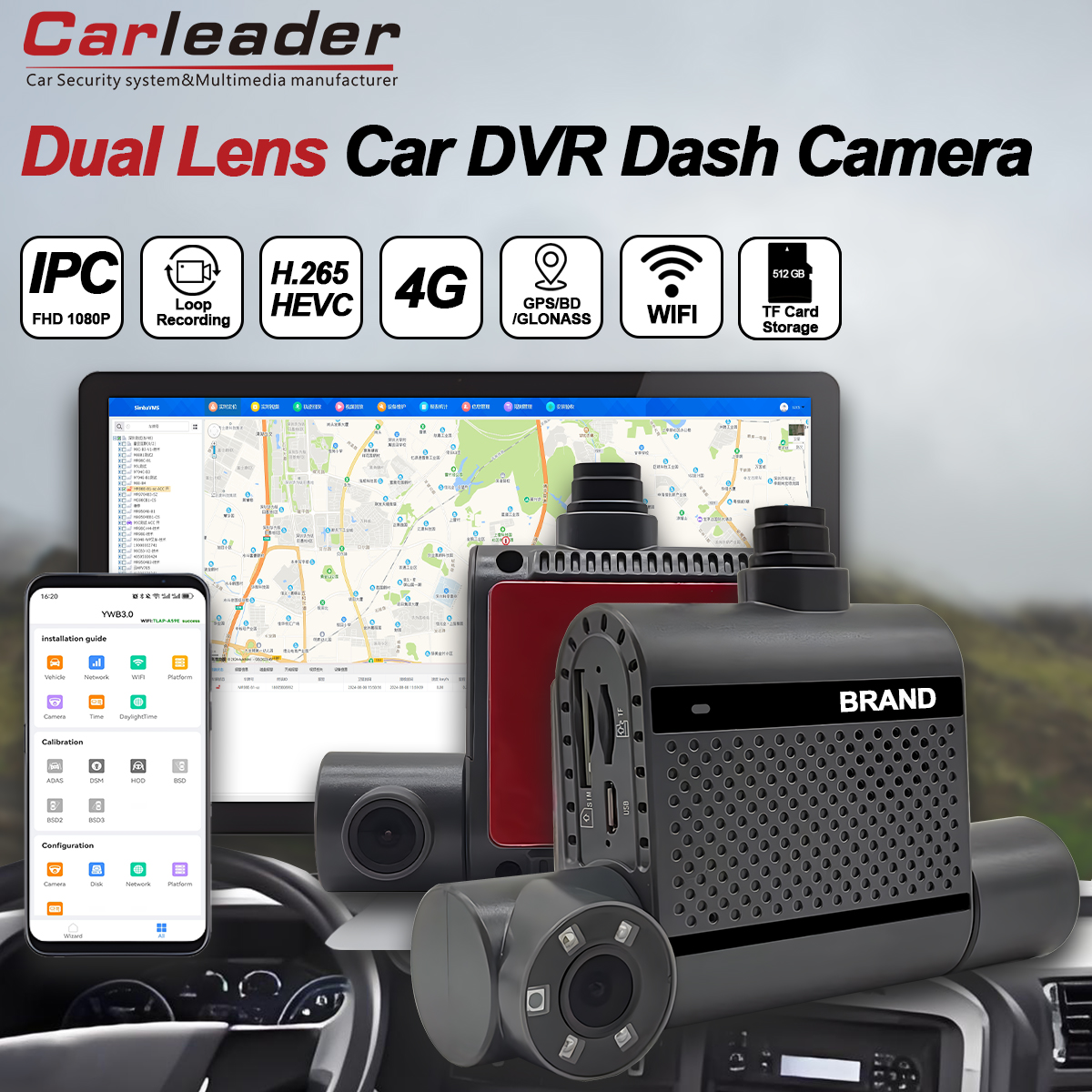 Mangement de flotă securizat cu Carleader Dual 2ch HD 1080p Car Cam Dash